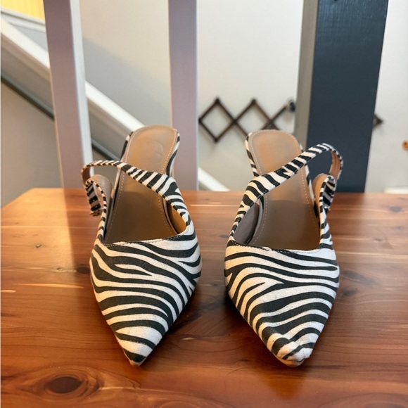 Shoes - Zebra Print Pointed Toe Slingback Heels - Black & White